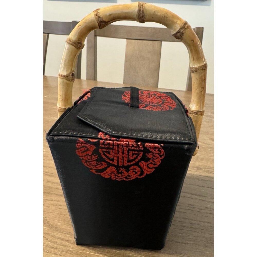 Vintage Tozai Chinese Takeout Box Purse Black & Red Satin-Bamboo Top Handle